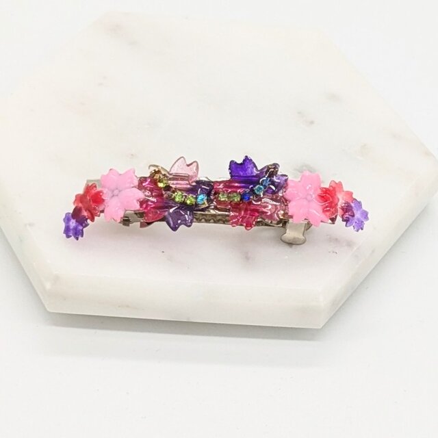 ピンクと赤い花のヘアバレッタ