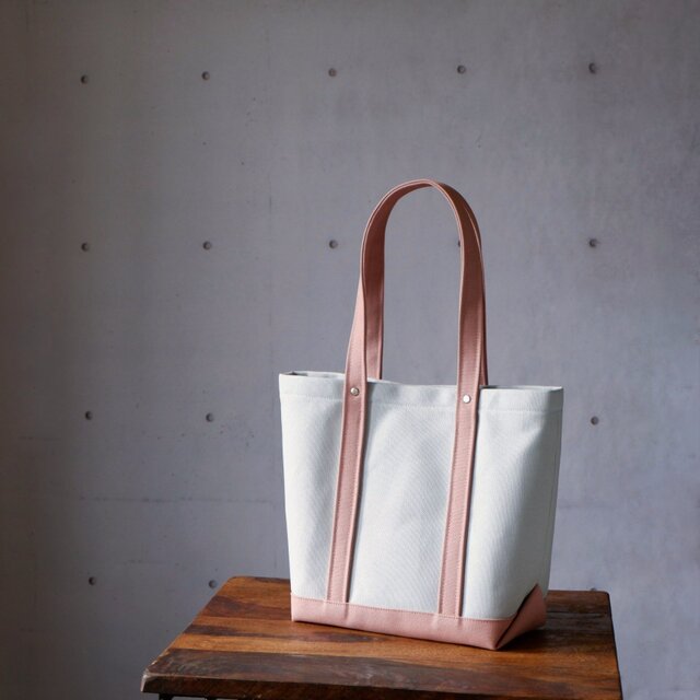 いつものキレイめトート◇倉敷帆布◇Ｍ◇アイスグレー×ライトピンク