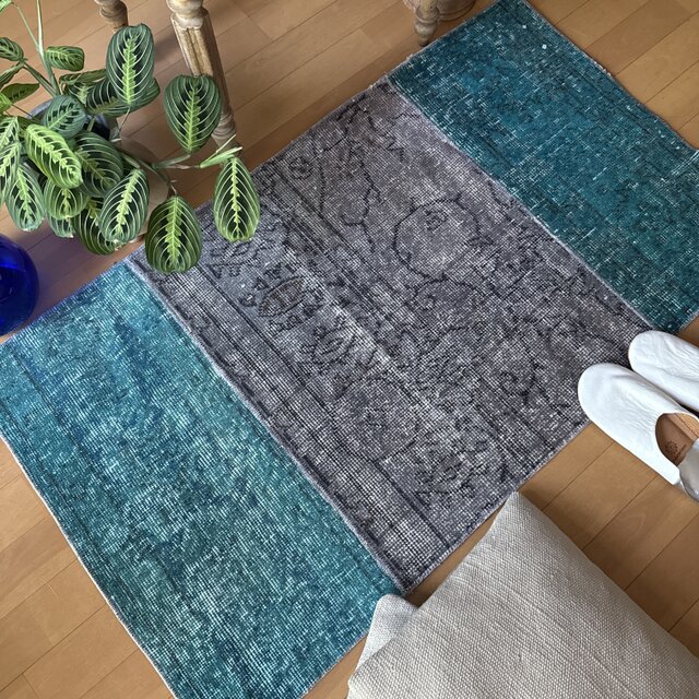 67.5×119パッチワーク　ブルーグリーン×グレイ　トルコヴィンテージラグ 67.5×119パッチワーク ブルーグリーン×グレイ トルコヴィンテージラグ