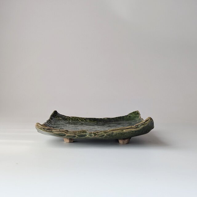 織部足付き角皿　【手仕事　民藝　和　陶器　窯元】