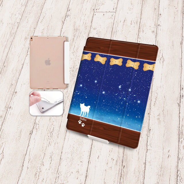 手帳型iPadケース【バックカバー：ソフトタイプ】片面印刷/カメラ穴有【アイラブ・柴犬（星空）】