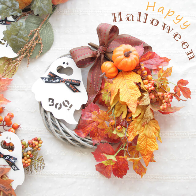 ハロウィン2wayミニパンプキンの秋リース ゴースト付き玄関飾り