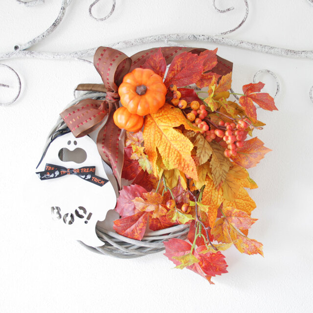 専用＊Halloween＊ミニパンプキン＆オリーブ　ナチュラル フェイクリース ハロウィン2wayミニパンプキンの秋リース ゴースト付き玄関飾り