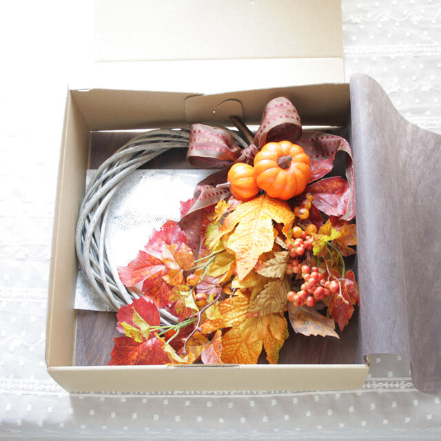 ハロウィン2wayミニパンプキンの秋リース ゴースト付き玄関飾り