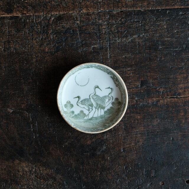 鶴と太陽◆印判小皿　骨董・antiques　古道具　古民家　丁寧な暮らしに。緑　明治〜大正期