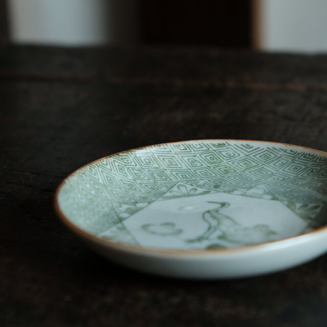 鶴と入れ子菱◇印判小皿 骨董・antiques 古道具 古民家 丁寧な