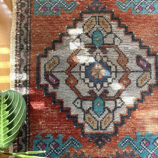 45×113 グラデーションオレンジ×ブルー　トルコヴィンテージラグ 50×96 オレンジグラデーション 小さなメダリオン トルコ