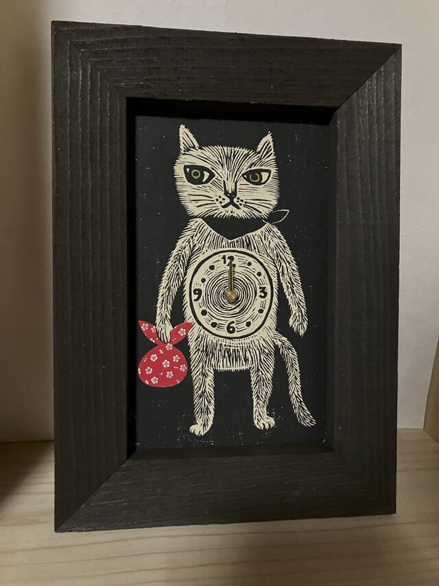 木版画の時計 『腹時計』 （風呂敷/花柄）マット加工額