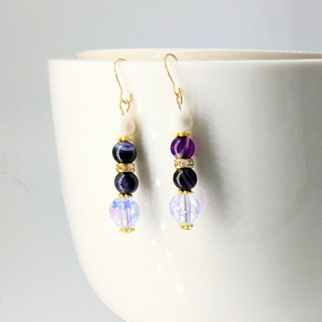 パープルアイアゲートとビーズのピアスイヤリング2247