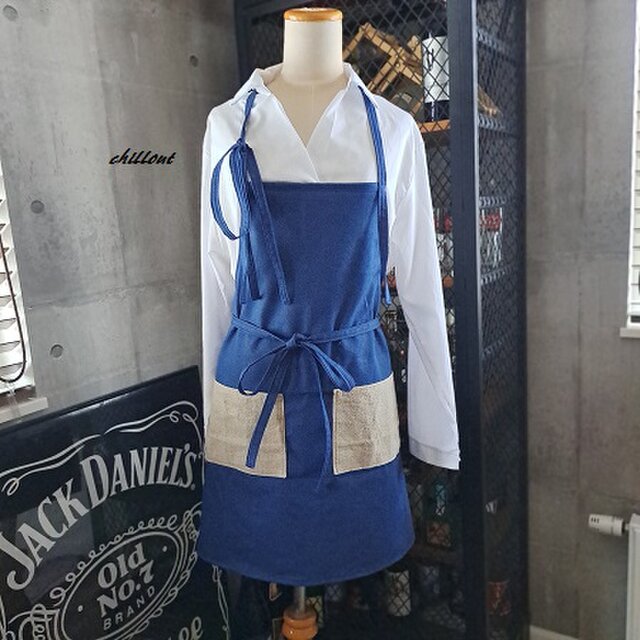 【ソムリエ】カフェエプロン：ブルーデニム×リネン【0916】