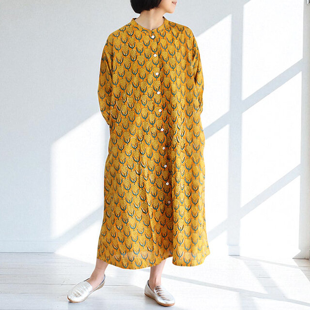 ふんわりスリーブブロックプリント前開きワンピース
