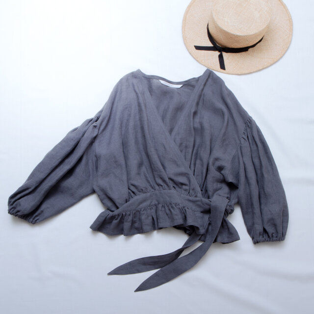カシュクールフリルリネンボレロ/グレー