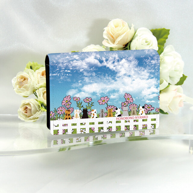 名刺ケース・名刺入れ【ほのぼのにゃんこ（手書き風コスモス）】（名入れ可）