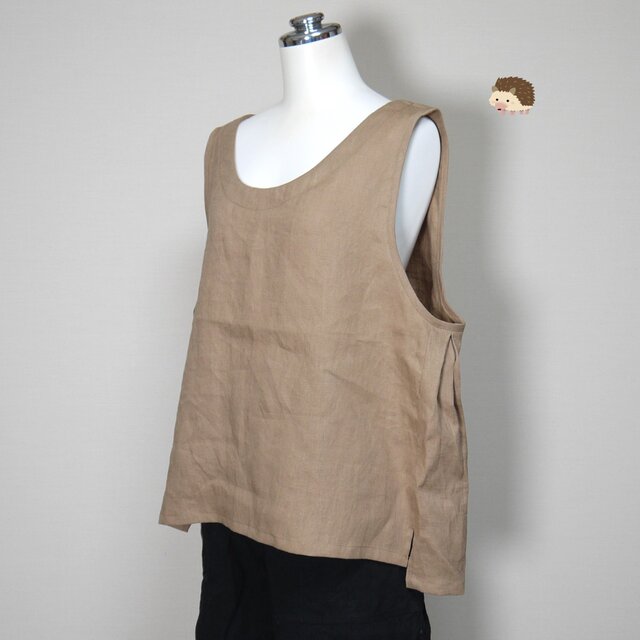 さらっとリネン◆ワイドジレ◆ライトキャメル◆フリーサイズ（中厚、リネン100％）～ジレ・ベスト～