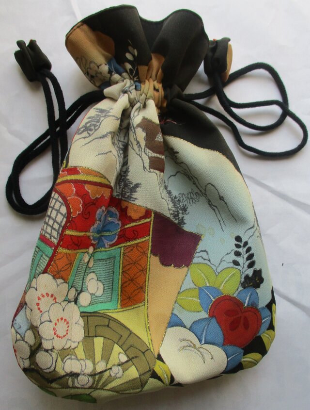 ８３４３　色留袖で作った巾着袋　＃送料無料
