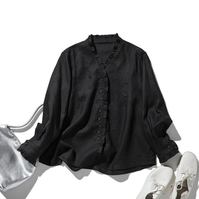 フリルデティールの立体裁断シャツ 　長袖　リネンシャツ　ブラック　250809-2