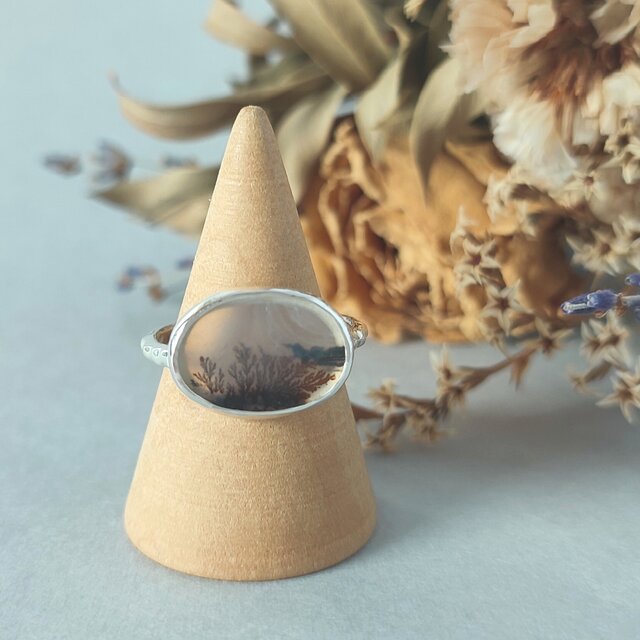 【1点もの】デンドリティックアゲート/アゲート/シダ模様/植物モチーフ/楕円/覆輪/silver925/リング【12号】