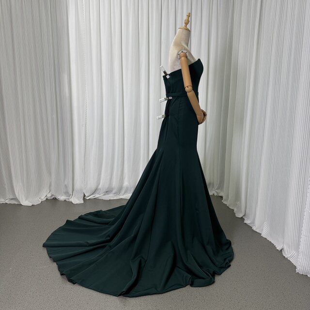カラードレス 深めな緑 ベアトップ マーメイドライン クレープ