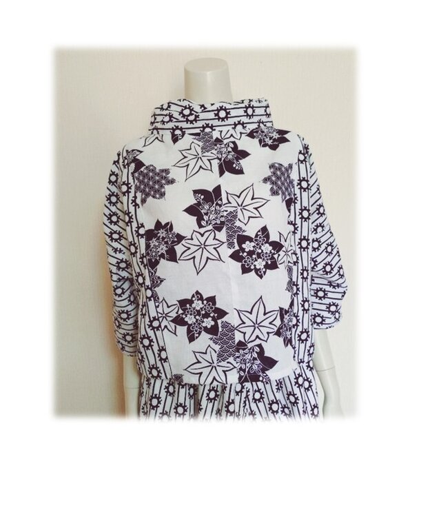 103　１点物　プルオーバー　デッドストック浴衣地リメイク　ねじりオフタートル　クロップド丈　紅葉　紳士物浴衣地