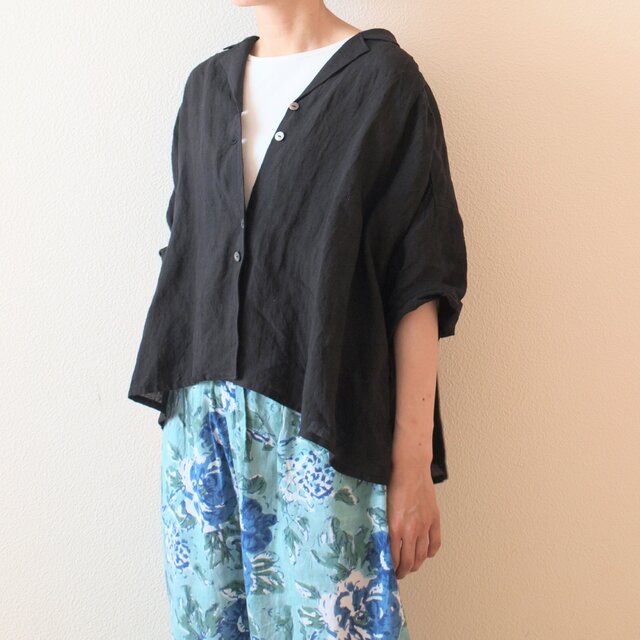LINEN 五分袖 開襟シャツ *ブラック* size FREE