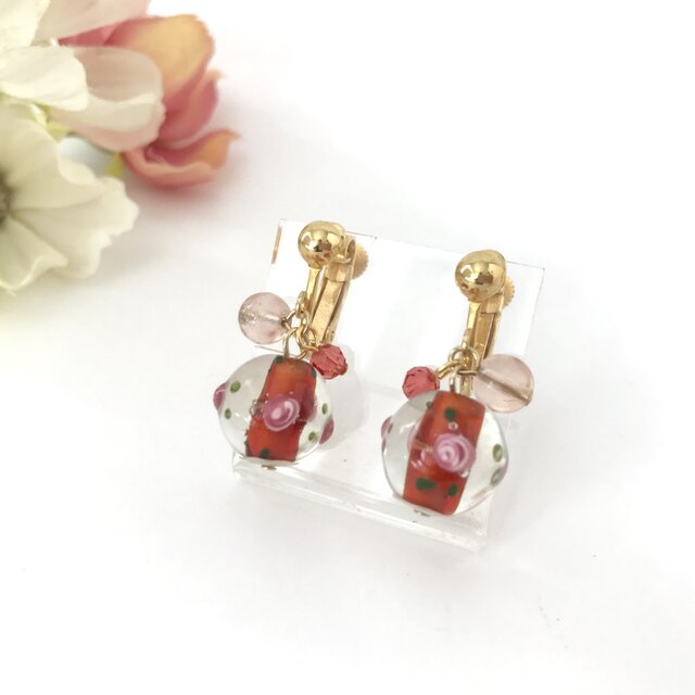 とんぼ玉 の シャボン玉 イヤリング　赤 レッド クリア 透明感 しゃぼん玉