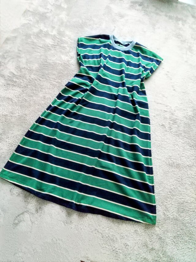 グリーン&ネイビー太ボーダーコットンワンピース