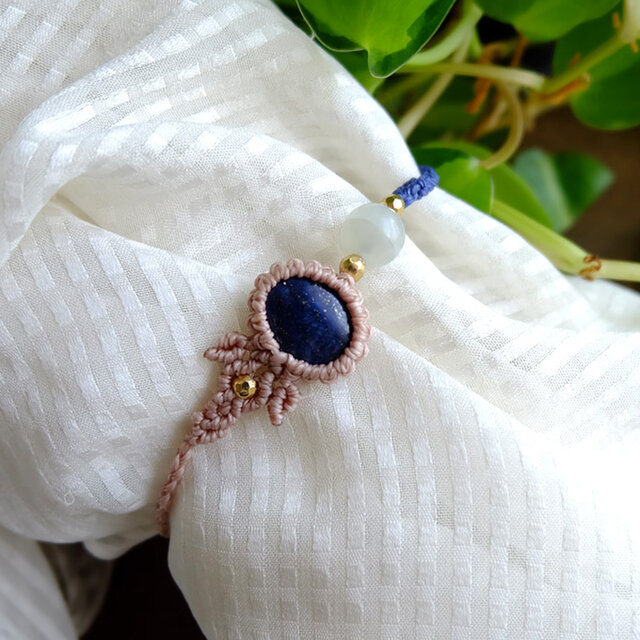 ラピスラズリ・シルバームーンストーン マクラメ編みブレスレット 男女  