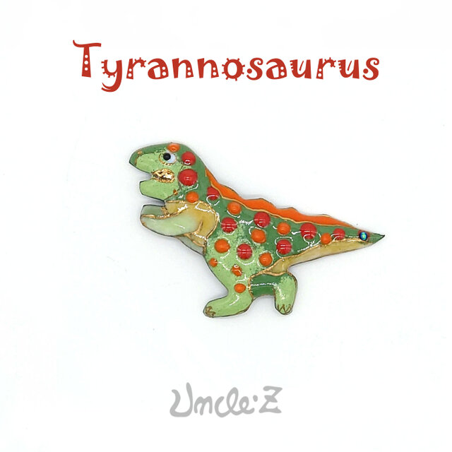 恐竜[ティラノサウルスA]の七宝焼ピンブローチ（ピンバッジ）【受注制作】