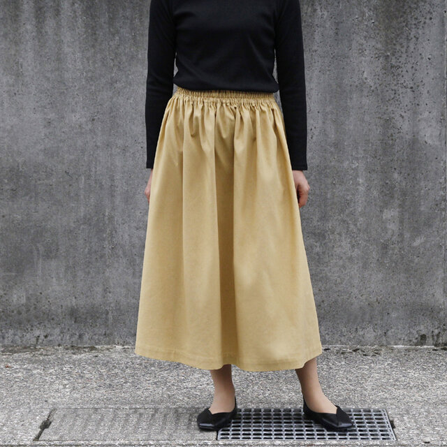 コットンリネン ギャザースカート（ ストローイエロー ）リネン 綿 麻 ロング マキシ ポケット