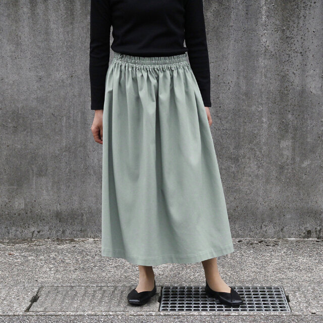 コットンリネン ギャザースカート（ セージグリーン ）リネン 綿 麻 ロング マキシ ポケット