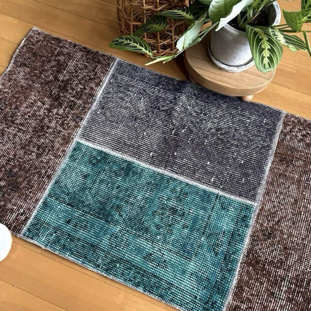 51×90ブラウン×グレイ×ブルーグリーン　パッチワーク　トルコヴィンテージラグ