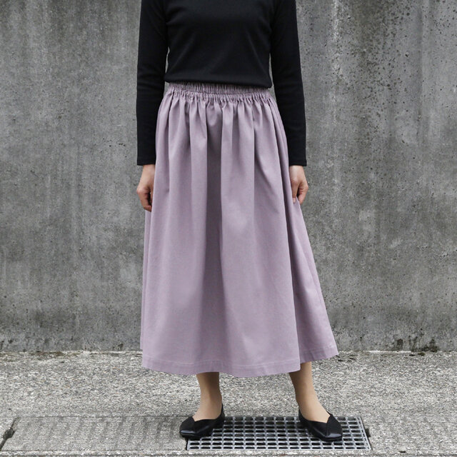 コットンリネン ギャザースカート（ ラベンダー ）リネン 綿 麻 ロング マキシ ポケット