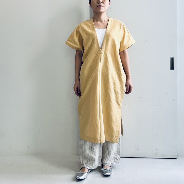 コットンリネン貫頭衣ワンピース(カスタード)