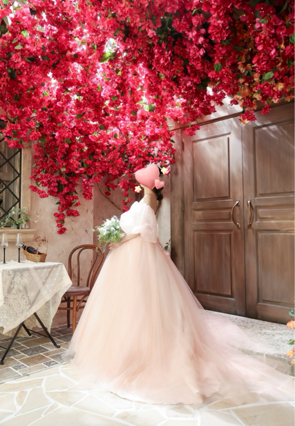 カラードレス 薄ピンク ベアトップ パフスリーブ チュールスカート 3D立体レース刺繍 花嫁 結婚式