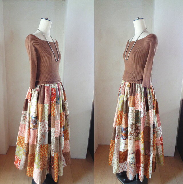 sold 絵画なパッチワーク♥夏の終わりのブラウン♥ボリュームギャザー