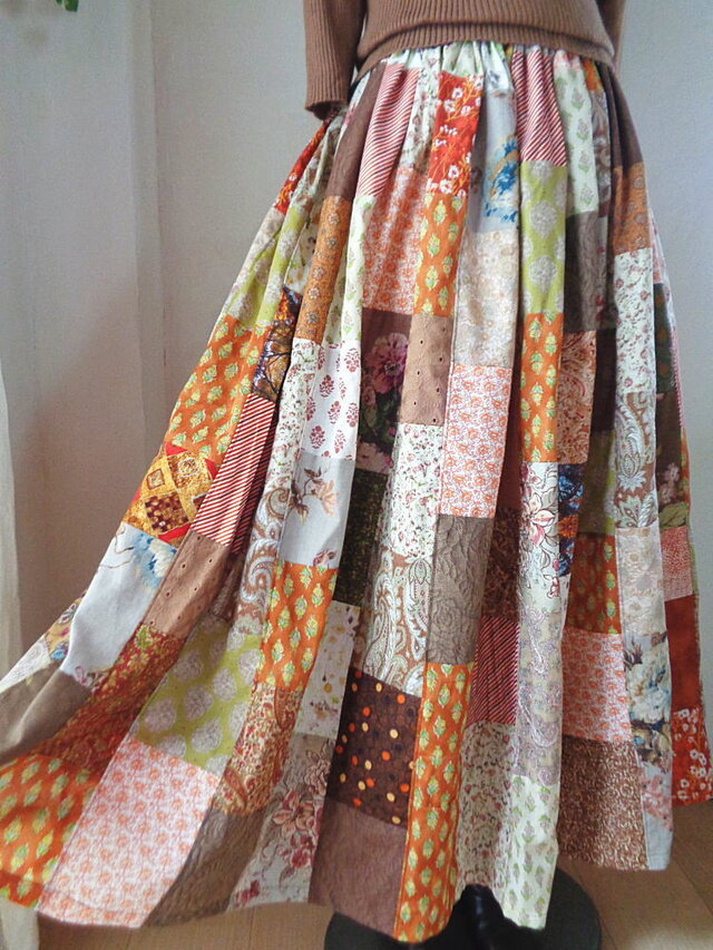 sold 絵画なパッチワーク♥夏の終わりのブラウン♥ボリュームギャザー