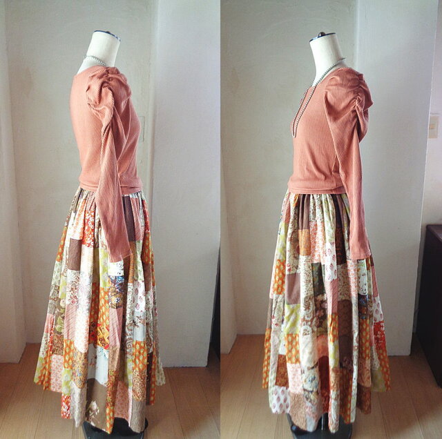 sold 絵画なパッチワーク♥夏の終わりのブラウン♥ボリュームギャザー  