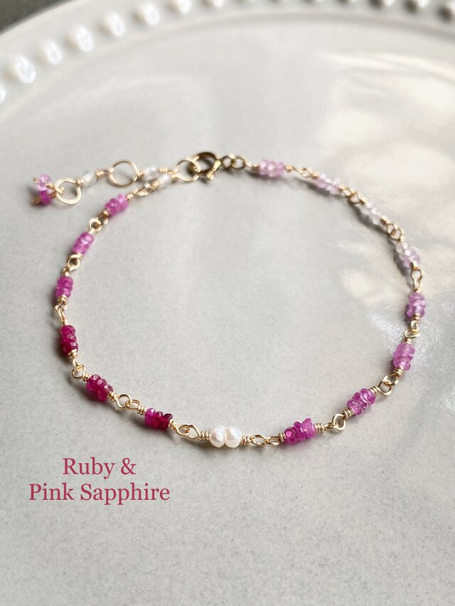 【9月誕生石】14kgf 大人可愛いルビー&サファイアのグラデーションブレスレット　ac/1032