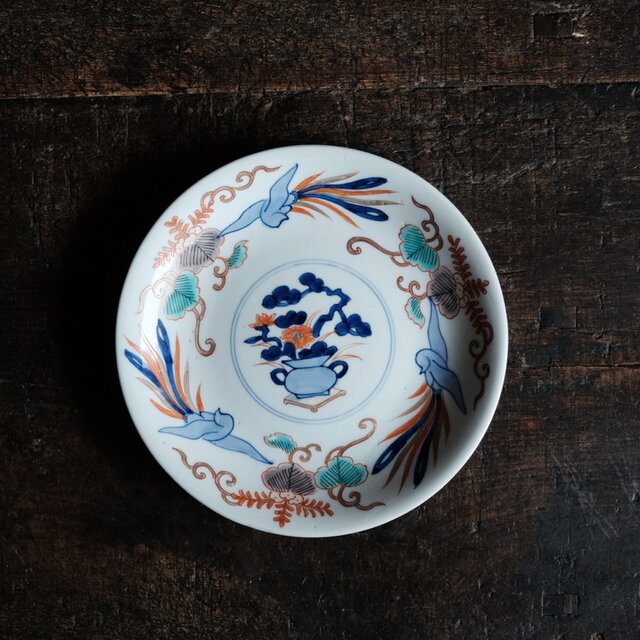 見込みに花籠◆桐と鳳凰。伊万里　花文赤絵金彩中皿　骨董・antique 古美術　明治時代