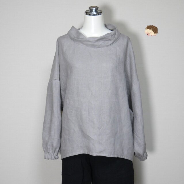 カラーリネン◆ツイストカラーのふんわりプル　長袖◆グレージュ◆フリーサイズ（中厚、リネン100％）