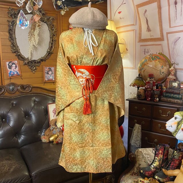 着物リメイク ミニミディ ワンピース ドレス｜洗える化繊＋名古屋帯サッシュベルト｜和洋折衷 レトロ 古着 ハンドメイド｜朽葉茶に若草を溶かした暈し地 KW-1049 着物リメイク ミニミディ ワンピース ドレス｜洗える化繊＋名古屋帯
