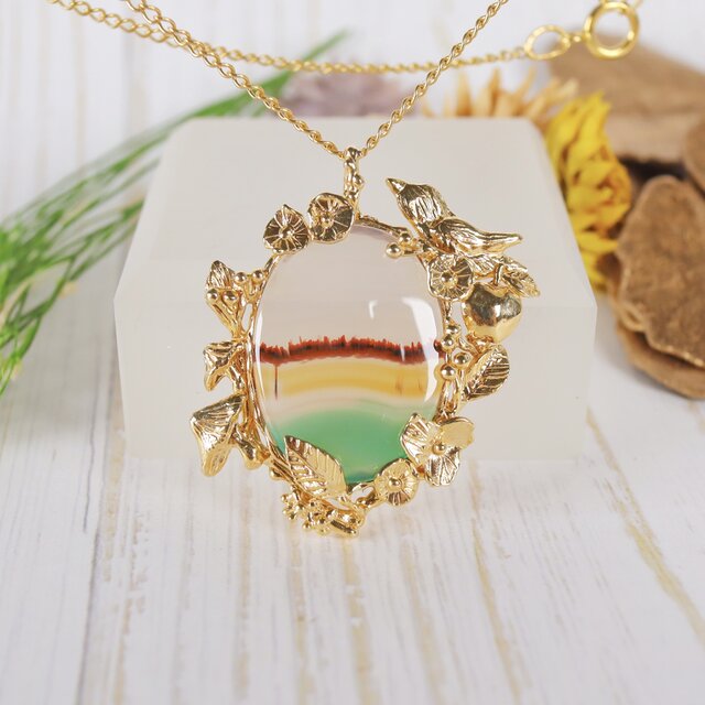 鳥が来る秋の窓辺ペンダント ピクチャーアゲート シルバー925 k18メッキ