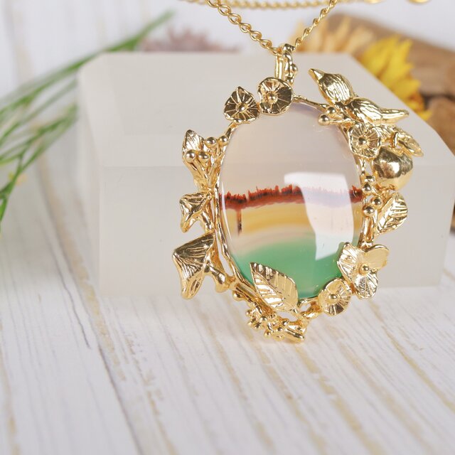 鳥が来る秋の窓辺ペンダント ピクチャーアゲート シルバー925 k18