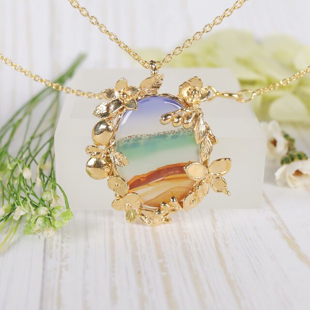 柑橘とオリーブ 地中海の窓辺ペンダント ピクチャーアゲート シルバー925 k18メッキ