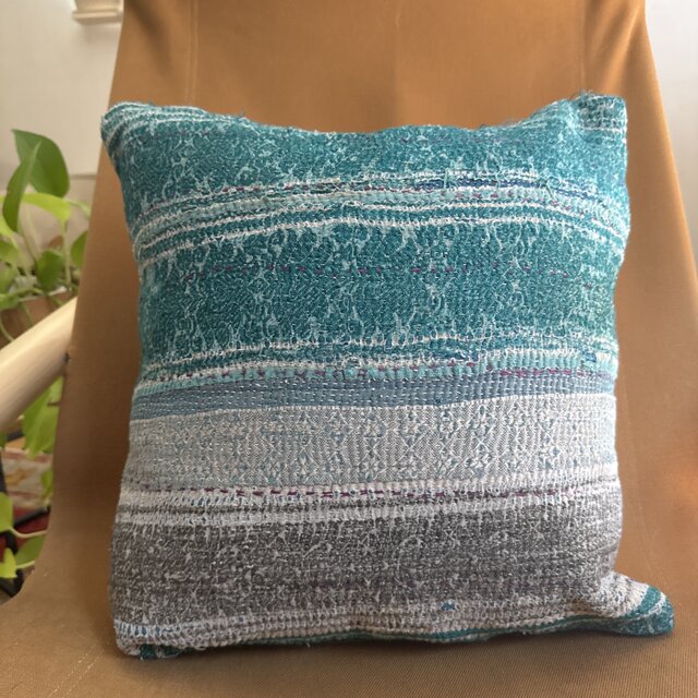 40×40 インドカンタキルトヴィンテージクッションカバー ターコイズ