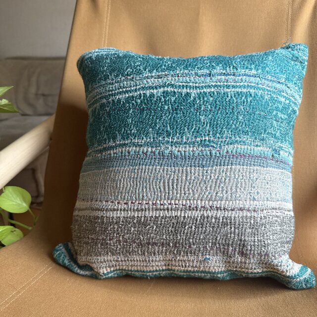 40×40 インドカンタキルトヴィンテージクッションカバー ターコイズ