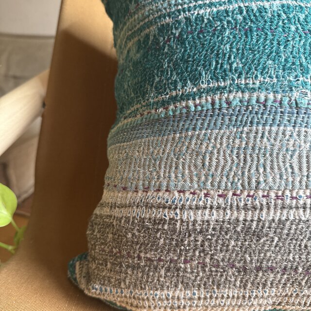 40×40 インドカンタキルトヴィンテージクッションカバー ターコイズ