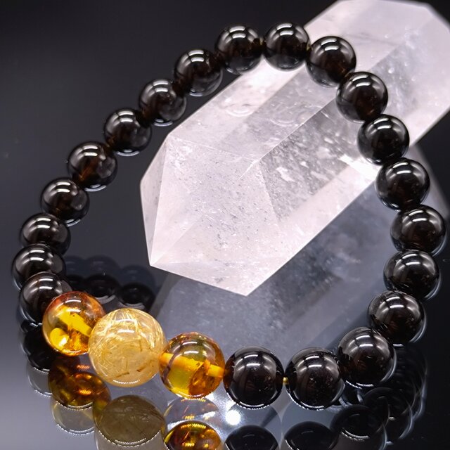 モリオン・タイチンルチルクォーツ・アンバー(琥珀)・8mm・3連【親玉11mm・高品質】ブレスレット
