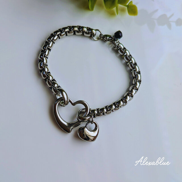 オニキス ダブルハート チェーンブレスレット レディース メンズ ごつめチェーン アクセサリー  大人カジュアル プレゼント