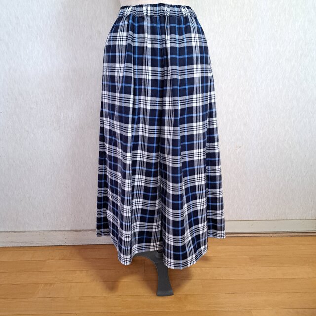 コットン　フレアーパンツ　ガウチョパンツ　タータンチェック　ネイビー×ホワイト　フリーサイズ